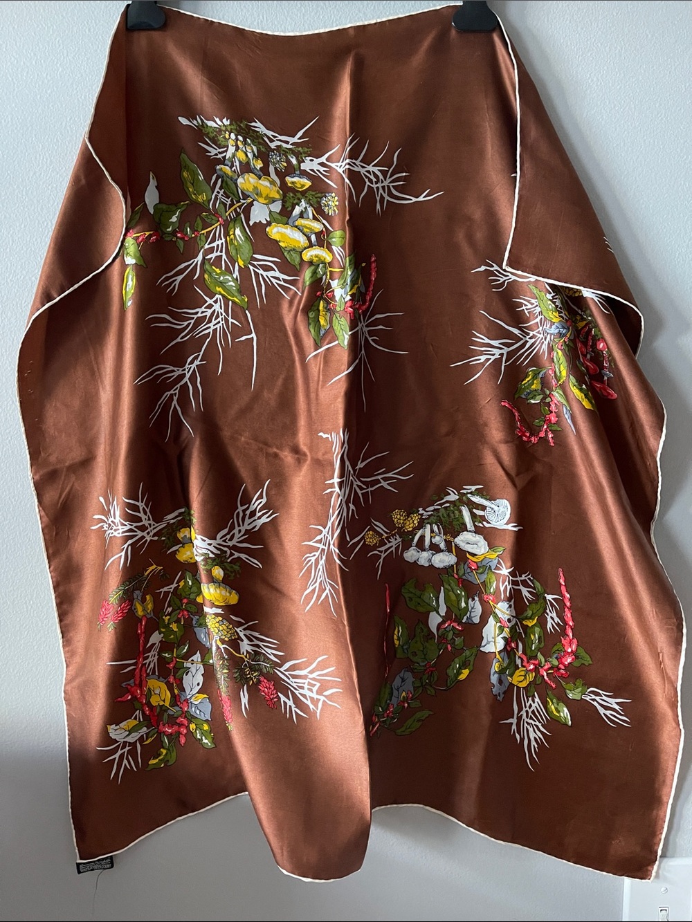Brown Floral Silk Scarf with mushrooms